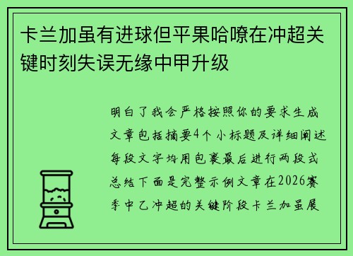 卡兰加虽有进球但平果哈嘹在冲超关键时刻失误无缘中甲升级