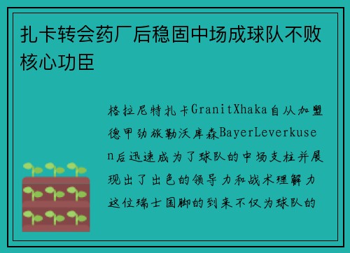 扎卡转会药厂后稳固中场成球队不败核心功臣