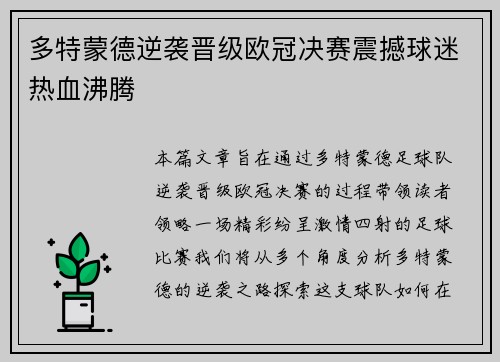 多特蒙德逆袭晋级欧冠决赛震撼球迷热血沸腾